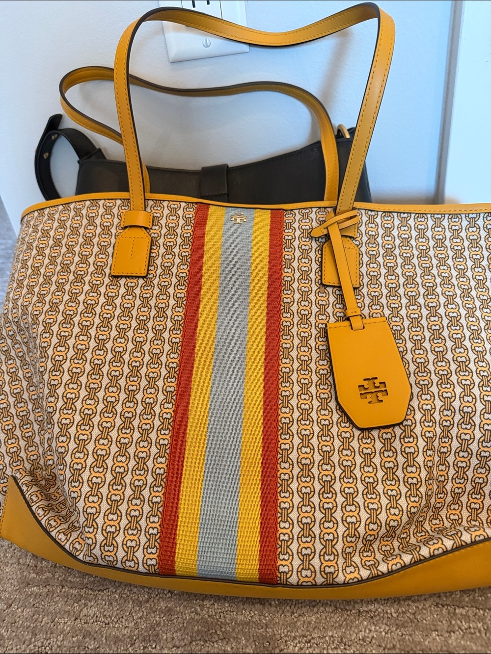 Tory Burch Yellow Patterned Canvas Tote with Red and Light Blue Stripe
